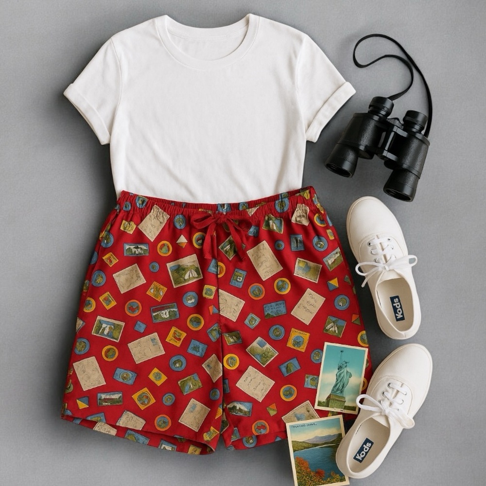 Vintage 80s Postcard Print Shorts Red Cotton High Rise Travel Novelty M - Picture 6 of 7